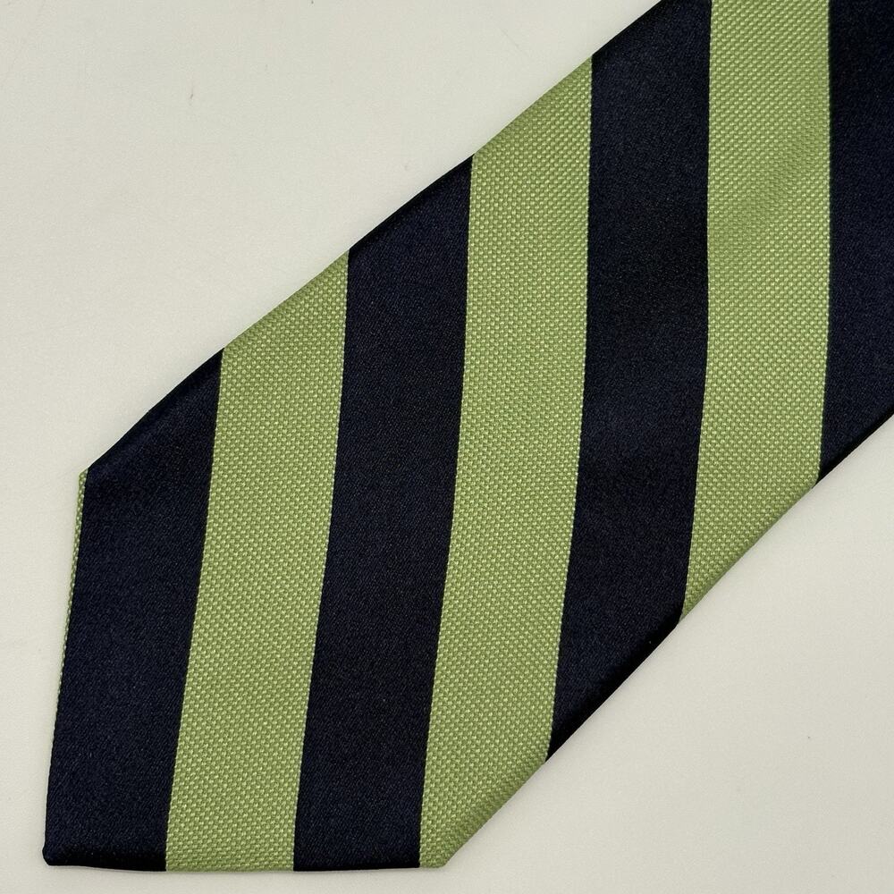 IZOD Silk Necktie Navy Green Repp Stripe Traditional Preppy Academia Classic